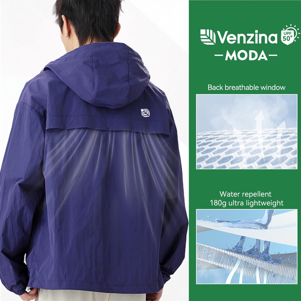Venzina Men's Lightweight Athletic Jacket with UPF 50+ Sun Protection and Back Air Vent | Quick Dry Waterproof Nylon Hoodie in Purple