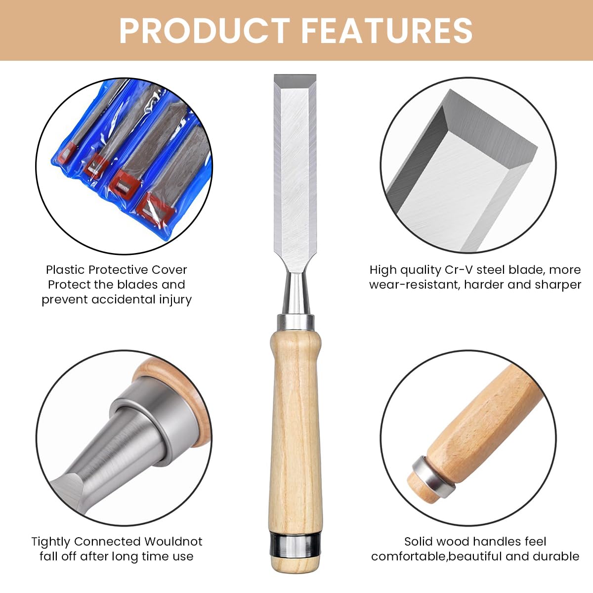 Serplex Bevel Edge Craft Chisel Set 4 PCS for Woodworking with Wooden Handles and Chrome Vanadium Steel Blades