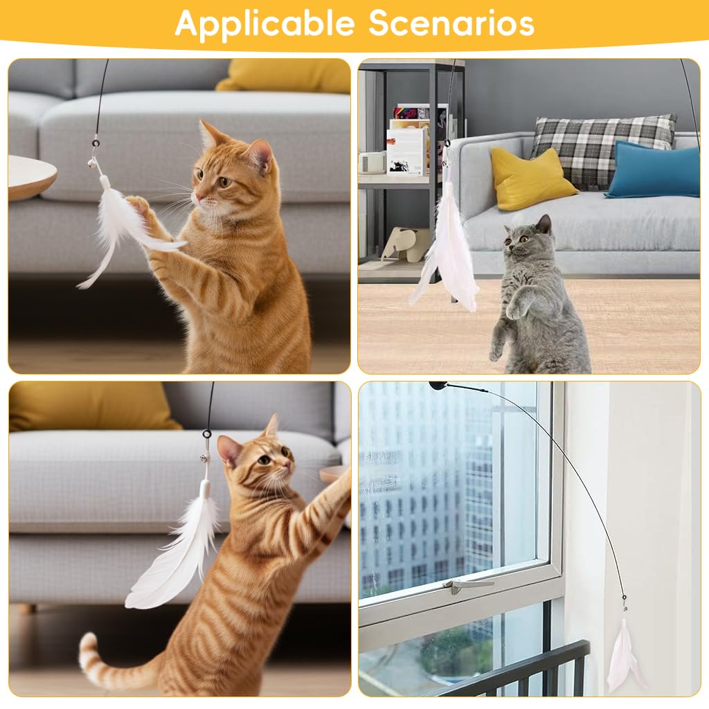 Qpets Cat Teaser Wand for Interactive Play with Suction Cup Base and Fiberglass Rod | Replaceable Feather Toy