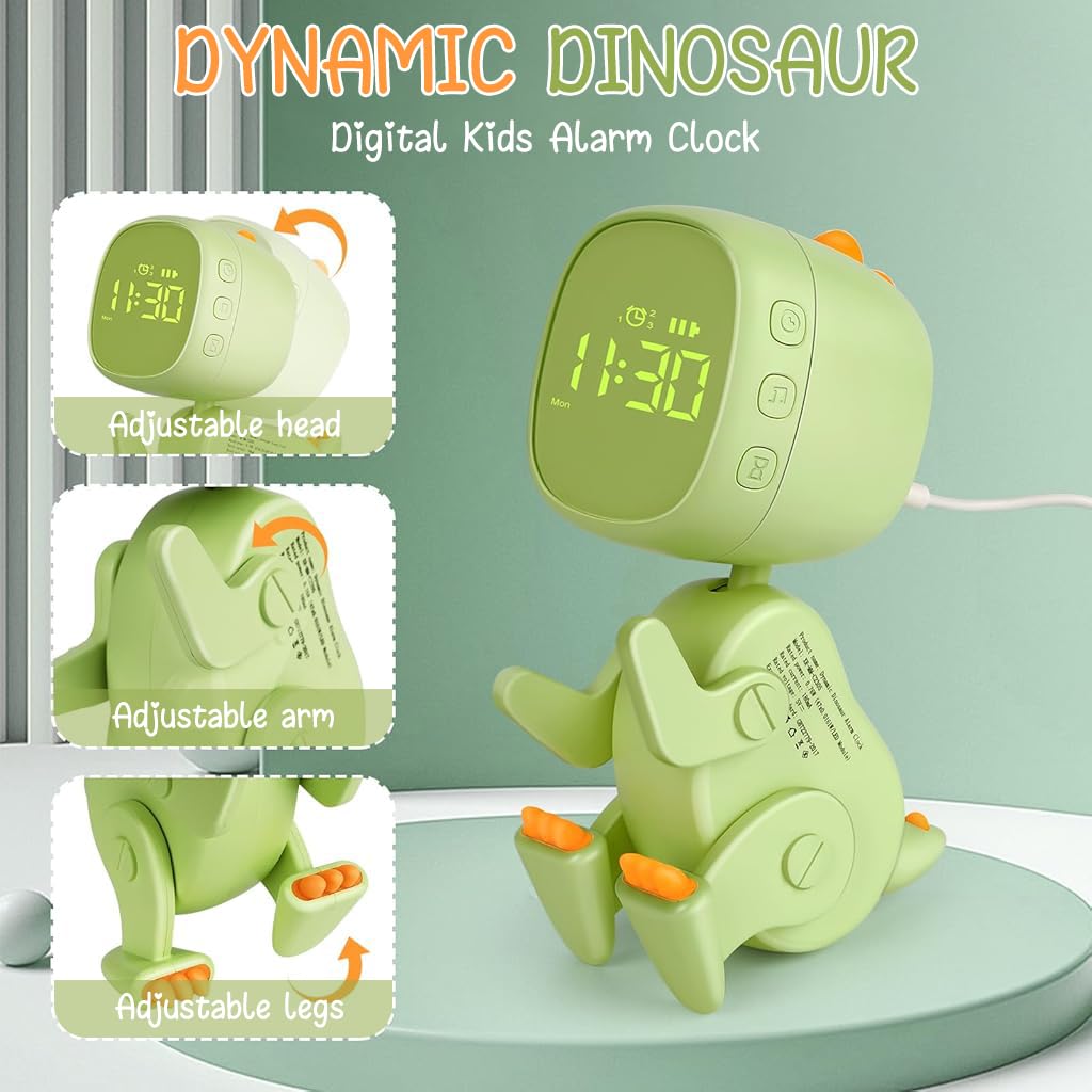 HASTHIP® Digital Alarm Clock for Kids,Dinosaur Alarm Clock Bedroom Clock with Variable Shape, Snooze, 6 Alarm Music, Night Light Timer, 12/24H,Adjustable Brightness and Volume