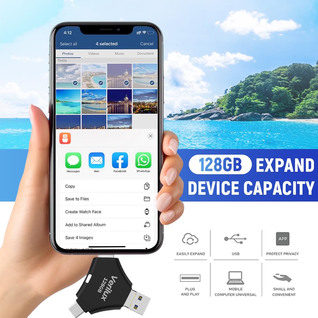 Verilux Pendrive 128 GB for iPhone and Android with 4 in 1 Ports and Metal Keychain Design