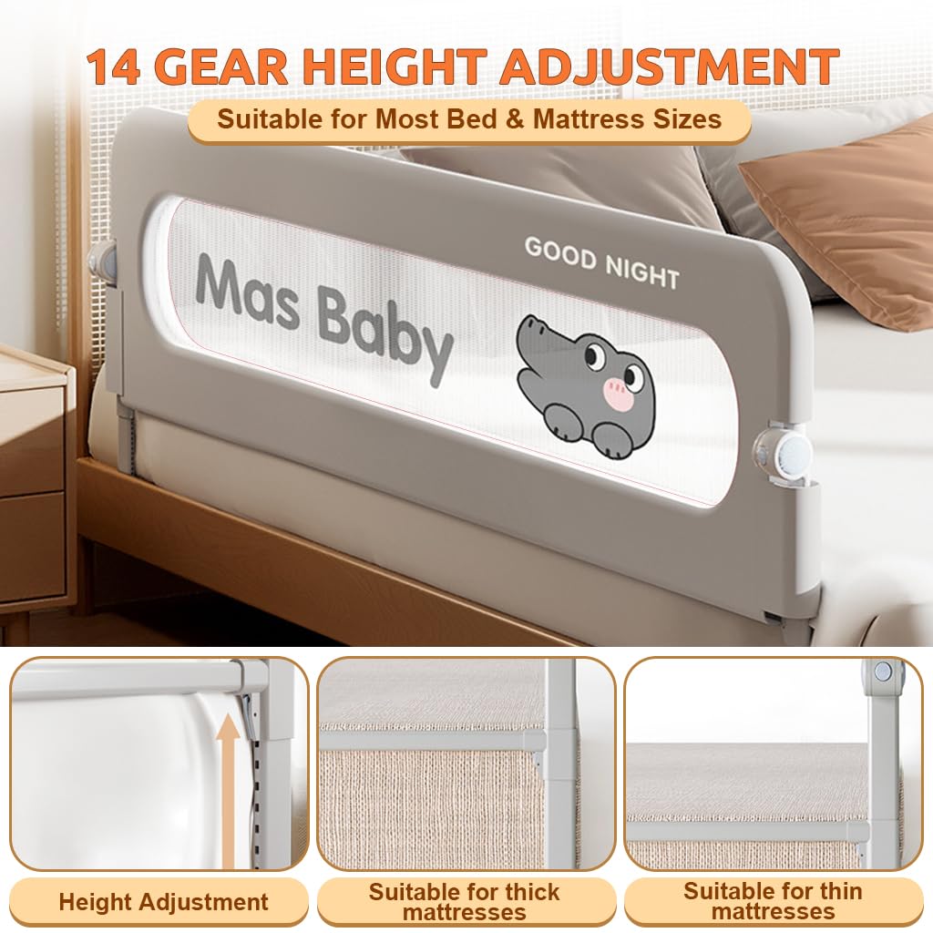 SNOWIE SOFT® Baby Bed Guard Fold-up Baby Bed Rail Bed Guard 70 inches Bed Guard Adjustable Height Bed Guard Round Corner Padded Steel Frame & Mesh Window Design Universal Bed Guard