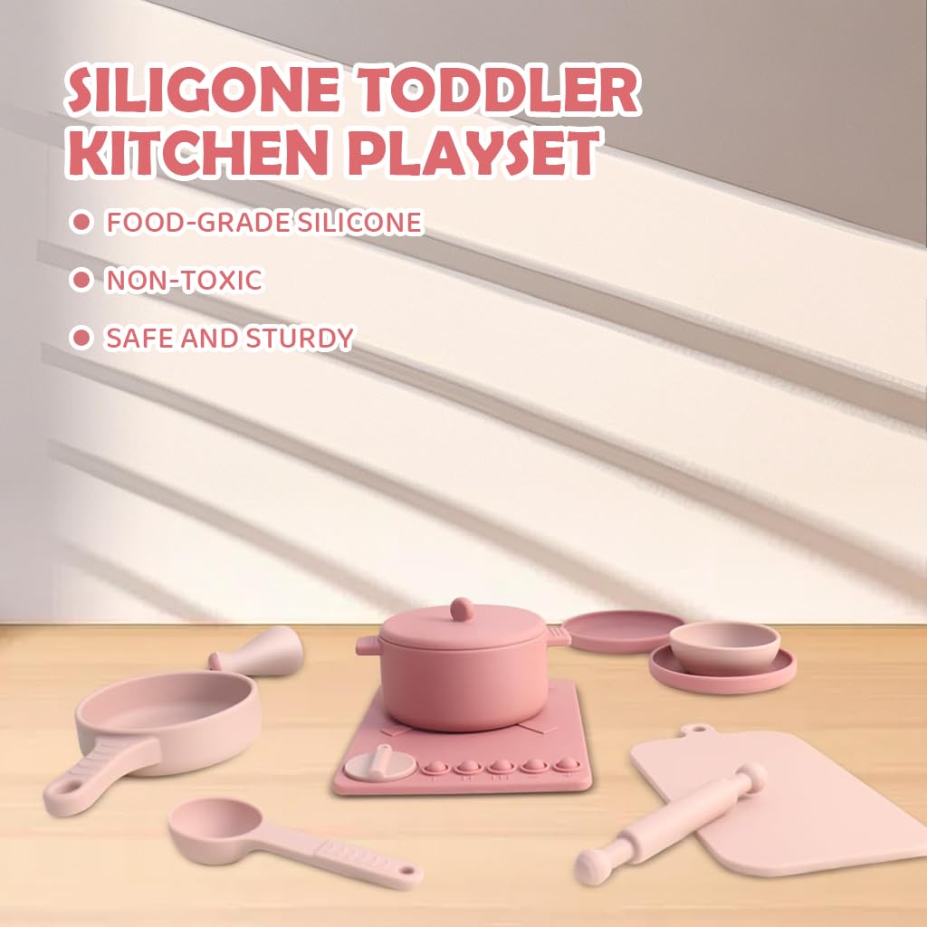 PATPAT Silicone Pretend Play Toy Set for Kids with 16Pcs Real Use Tableware | Pink Kitchen Set for Girls