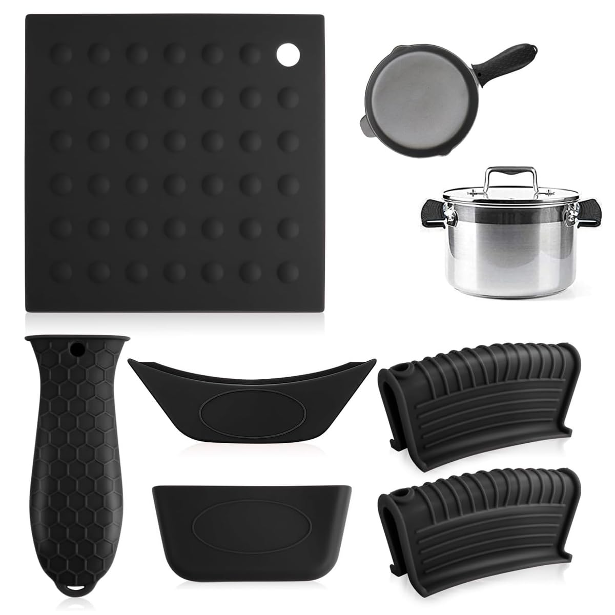 Supvox® Cast Iron Fry Pan Silicone Pan Handle Covers - 6Pcs Cookware Heat Insulation Covers Set with Anti-Slip Handle Sleeve and Square Protector Mat for Pots, Pans, Stewing Pots, and Soup Bowls