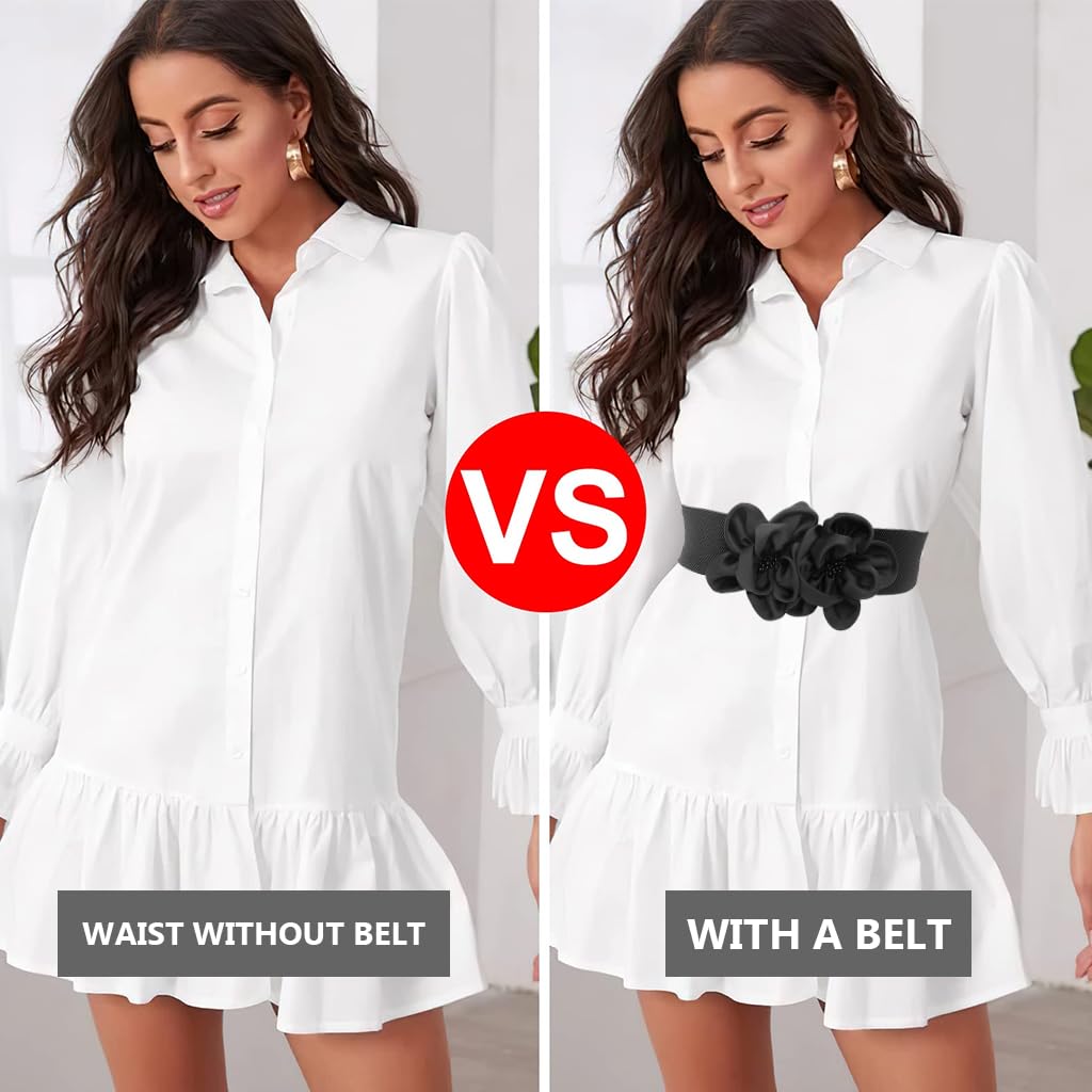 ZIBUYU Stretch Wide Waist Belt for Dresses with Snap Closure and Chiffon Flowers | Adjustable 65–86 cm Black Elastic Design