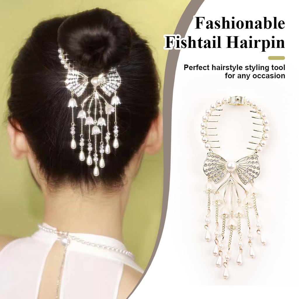 Venzina Hair Bun Accessories for Women with Pearl Tassels and Rhinestone Bow Clip | Elegant Wedding and Party Hairpiece