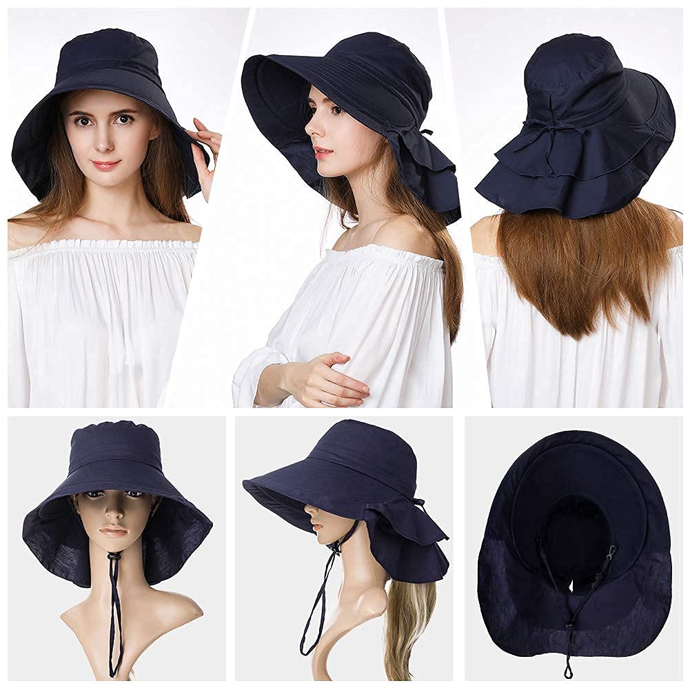 PALAY Fashion Wide Brim Hat for Women with 4.7 in Brim and Ponytail Hole | UV Protection Navy Blue Sun Hat