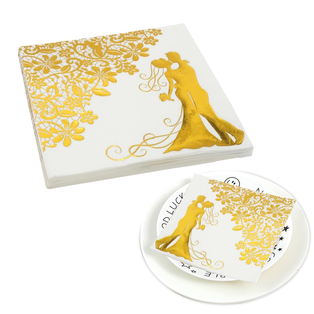 ZIBUYU Wedding Table Napkins for Parties and Home, 20Pcs 12.9in Soft Wood Pulp Tissues | Elegant Golden Embossing
