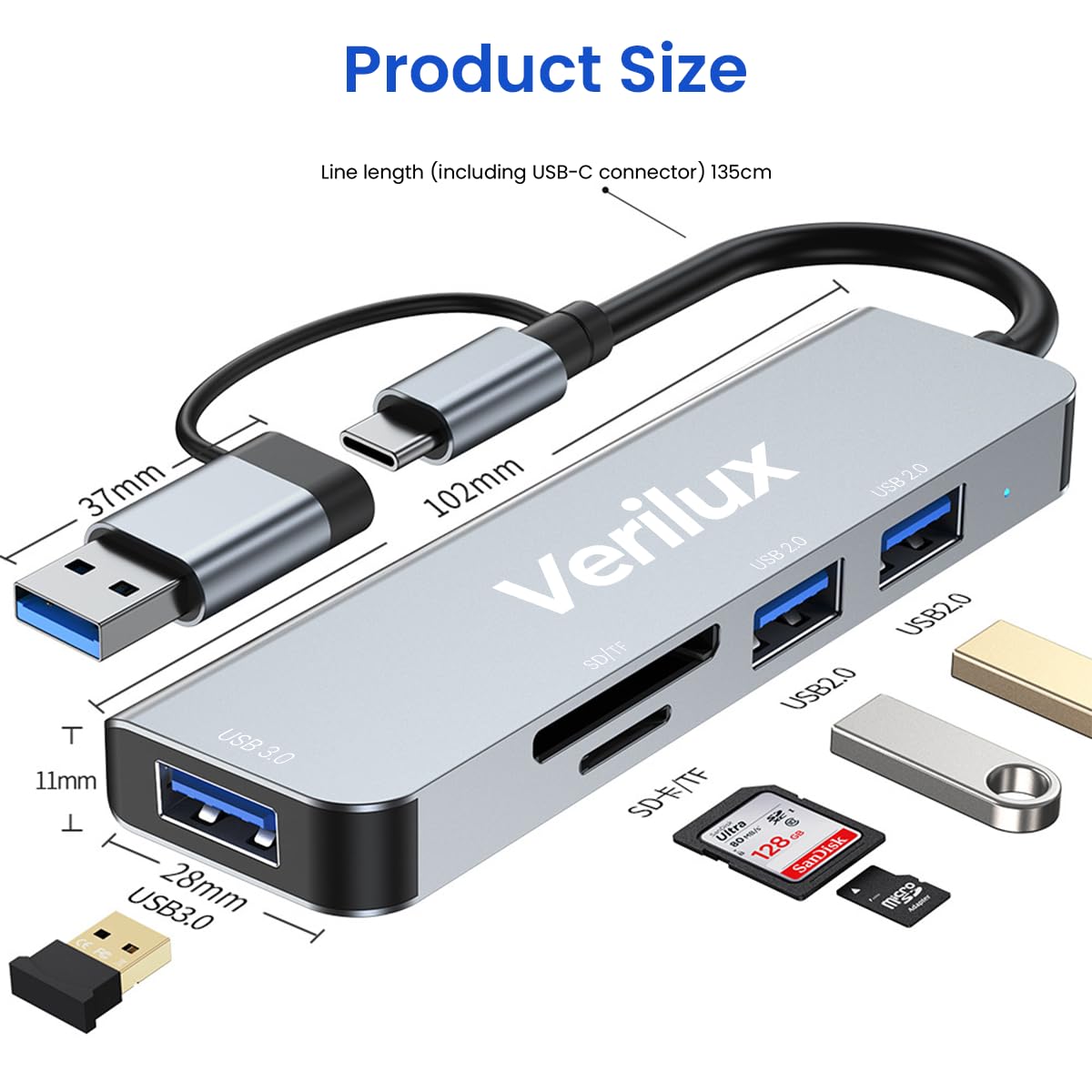 Verilux USB HUB 5 in 1 Type C to USB Connector with 3 USB Ports, SD/Micro SD Card Reader USB Type C Hub for Laptop, MacBook Air/Pro M1/M2, iPad Pro, Chromebook, Pixelbook, Dell, PC, Samsung Galaxy