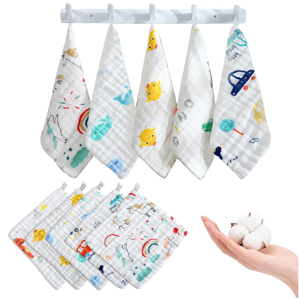 SNOWIE SOFT® 5Pcs Baby Towel for New Born Muslin Cloth for Baby, Pure Cotton Square Baby Towels High-Density Multi-Layer, Baby Towels for 0 to 2 Years with Hanging Loop, Newborn Baby Essentials, 12