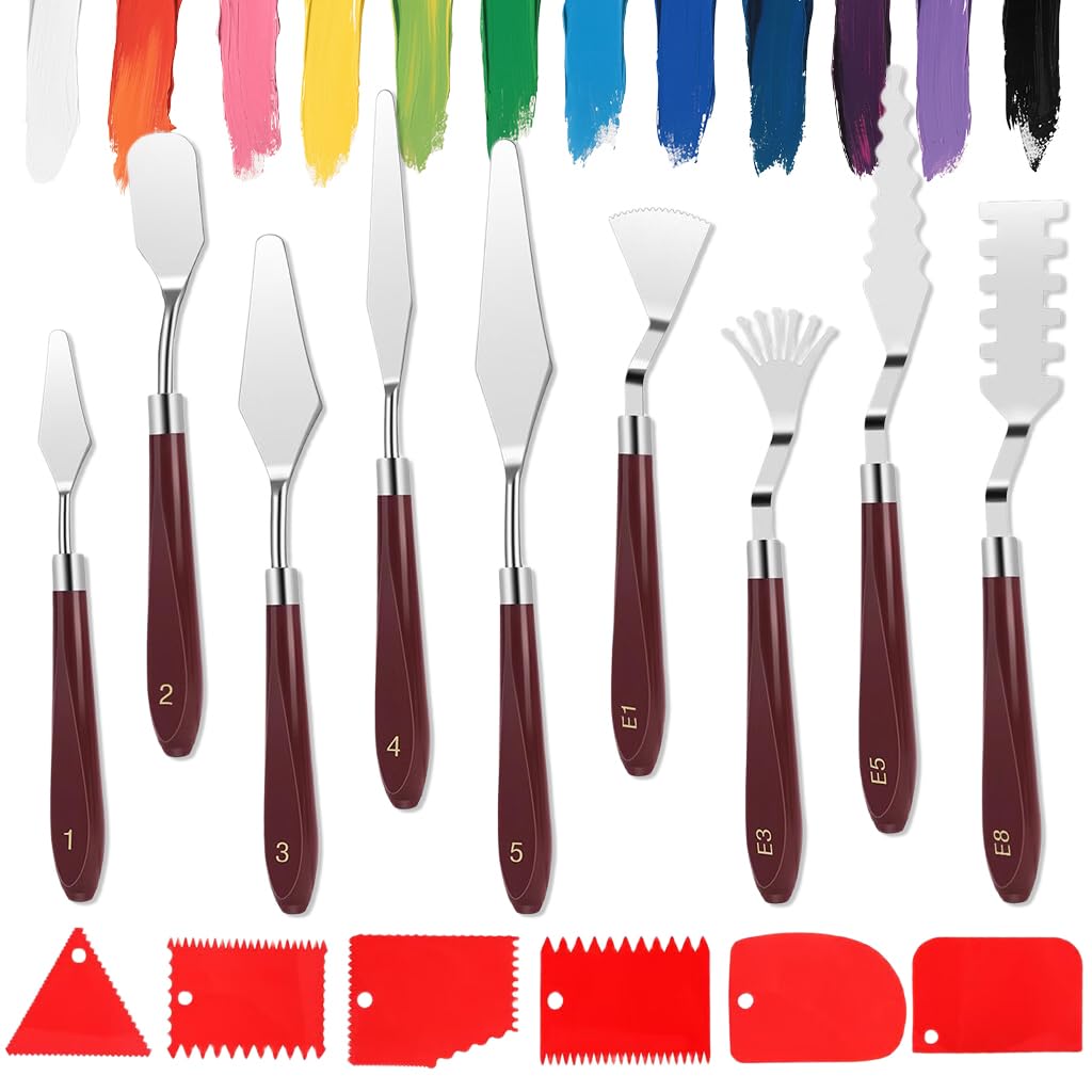 HASTHIP Acrylic Paint Scrapers Set for Texture Art with 9 Steel Tools & 6 Panels | Ergonomic Wooden Handles for Artists