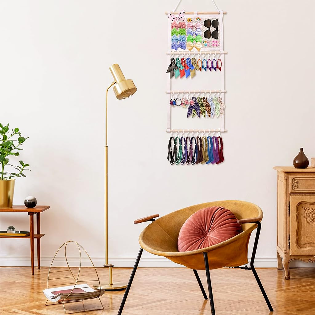 SNOWIE SOFT Wall Hanging Hair Accessories Organizer with 30 Hooks and Wooden Frame | Space-Saving Storage for Clips Headbands and Scarves