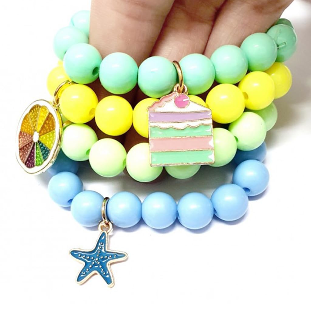 SANNIDHI 4Pcs Beads Bracelet for Girls Kids Cartoon Friendship Bracelet Fashion Acrylic Candy Color Beaded Hand Bracelets with Enamel Charms, Children's Day Gift for Girls