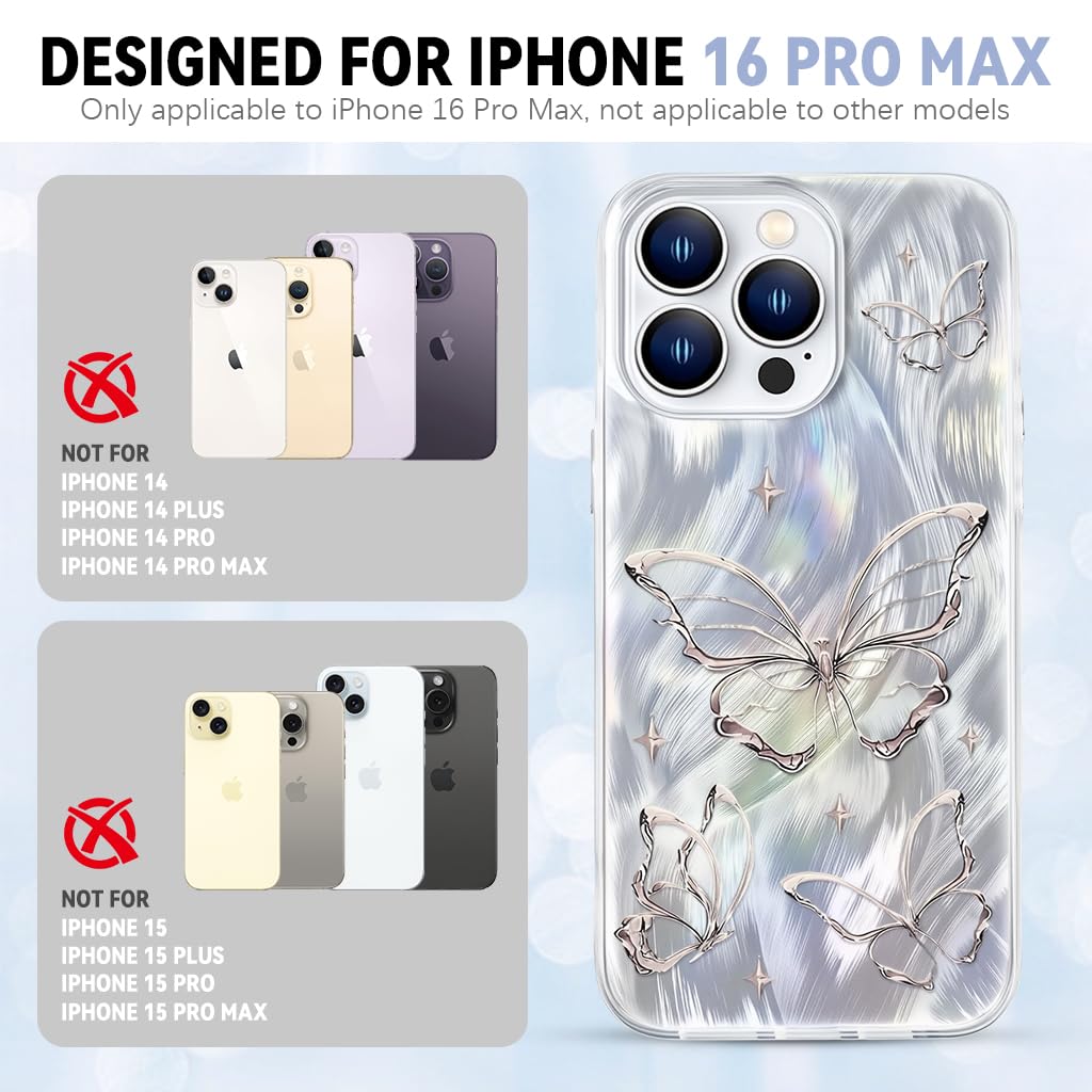 ZORBES Case for iPhone 16 Pro Max with Glittering Silver Butterfly Design | Soft Slim Shockproof TPU Cover for Women Girls 2PCS