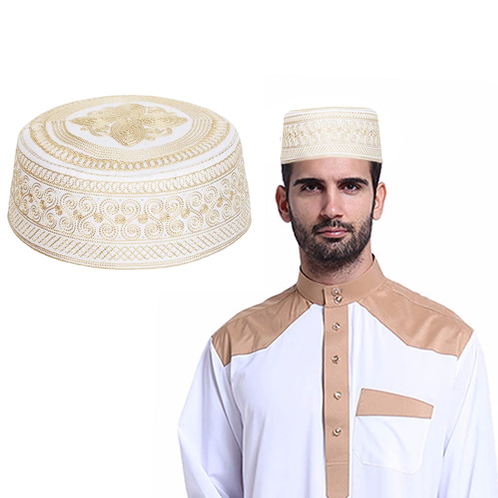 GUSTAVE® Muslim Cap for Men Muslim Top Hat Traditional Worship Hat Embroidered Muslim Cap for Men, Size M, Beige