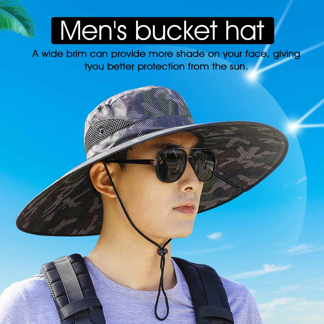 PALAY Bucket Hat for Outdoor Activities with 6 in Wide Brim Mesh Vent and Adjustable Chin Strap