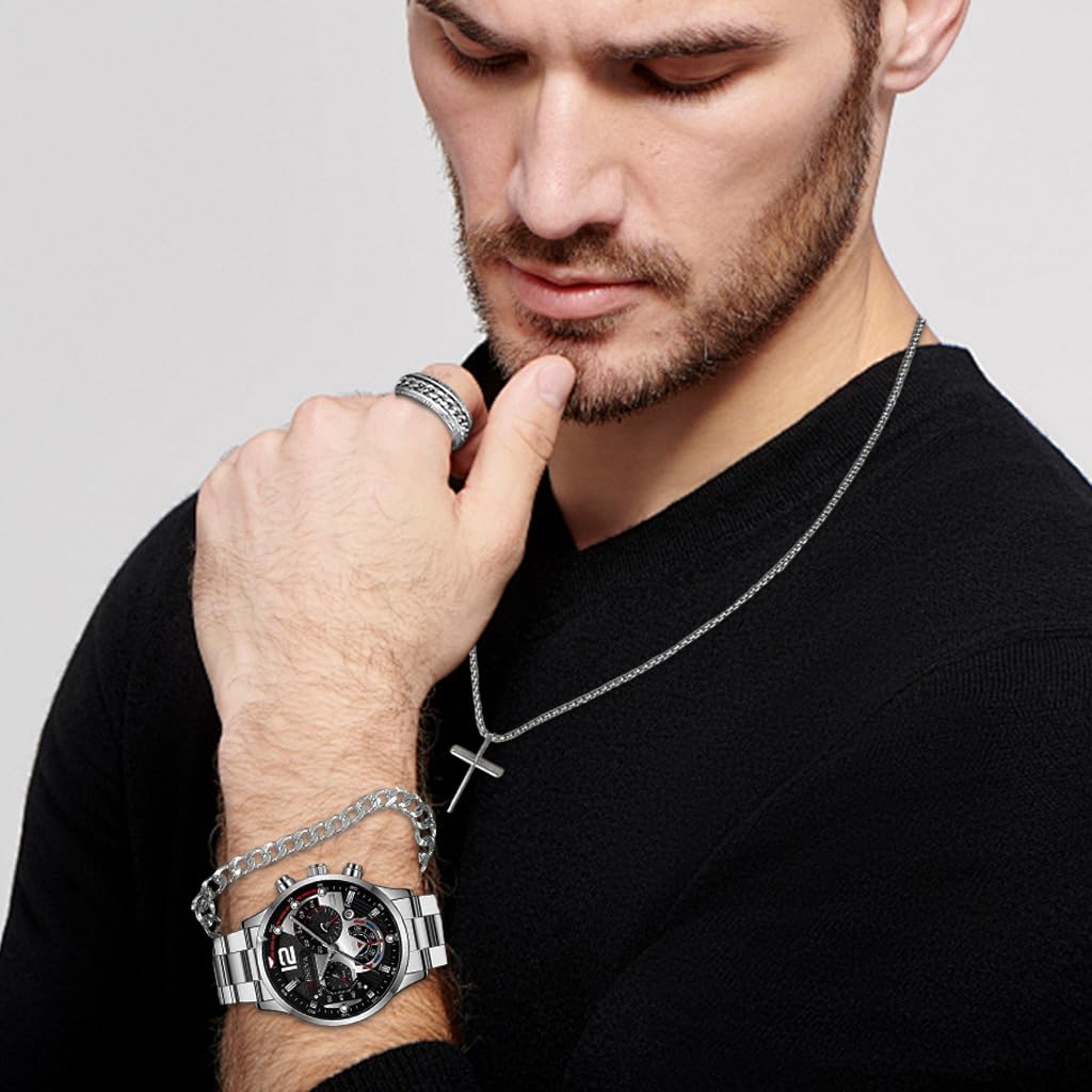 Proberos Watch Bracelet Set for Men with Cross Pendant and Cuban Chain | Alloy Steel Jewelry