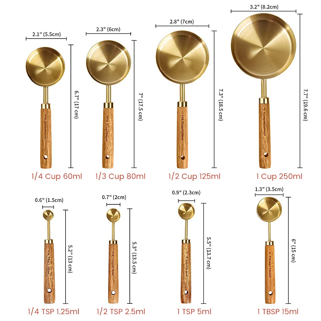 Supvox  Measuring Cups and Spoons Set of 8, Stainless Steel Measuring Cups and Spoons with Wood Handle, Golden Polished Finish, Baking Tools, Dry & Liquid Measuring Cup for Cooking and Baking