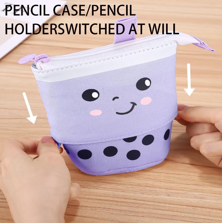 Zibuyu Telescopic Standing Pencil Case for School and Office with Dual Handles and Canvas Design | Cute Purple Boba Tea Holder for Girls