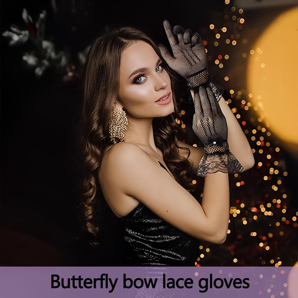 Zibuyu Women's Short Lace Gloves for Weddings and Parties featuring Sheer Floral Design