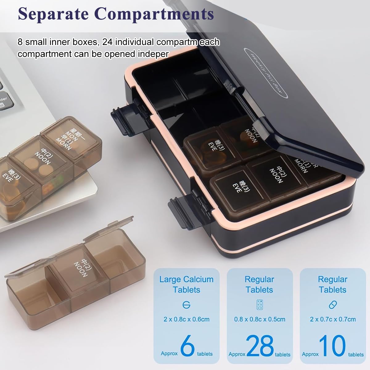 HANNEA Pill Organizer for Weekly Medication with 8 Detachable 3 Grid Boxes | Portable Travel Case
