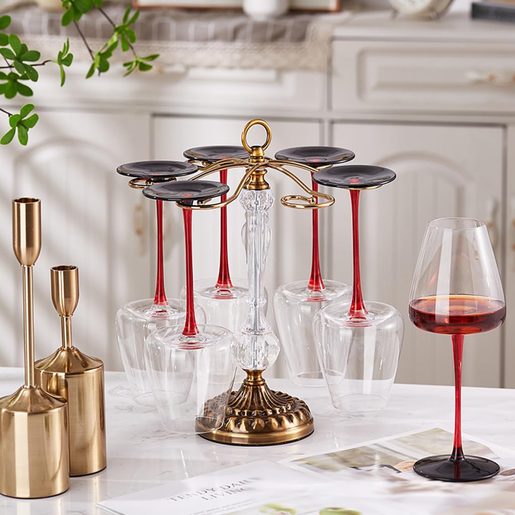Supvox Metal Wine Glass Holder for 6 Goblets featuring Spiral Hooks and Crystal Pole | Gold Stainless Steel Countertop Rack 26x32 cm