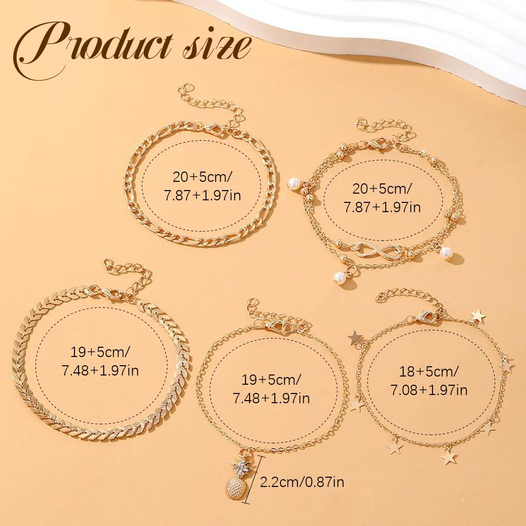 SANNIDHI Anklets for Women Girls 5 Pcs Set with Adjustable Chain in Golden Alloy | Beach and Daily Jewellery