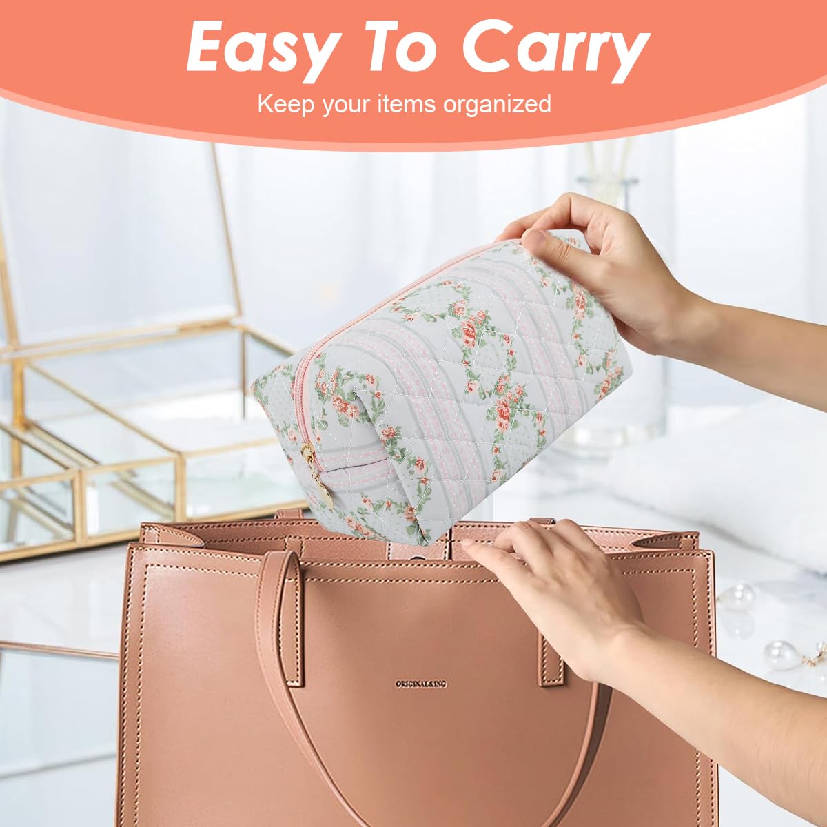 MAYCREATE Makeup Pouch Bag for Travel and Daily Use with Zipper Closure 20.5x9x9.5cm | Soft Floral Organizer for Women