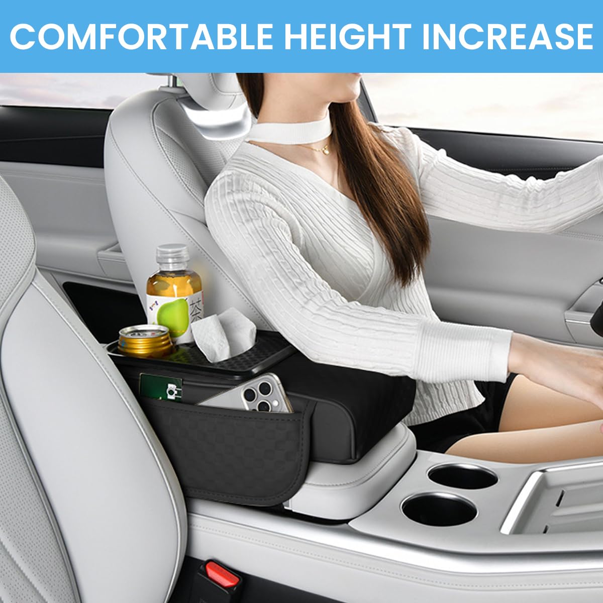 STHIRA Car Armrest Cushion for Center Console with Cup Holder Tissue Box & Side Pocket 35×7×19cm