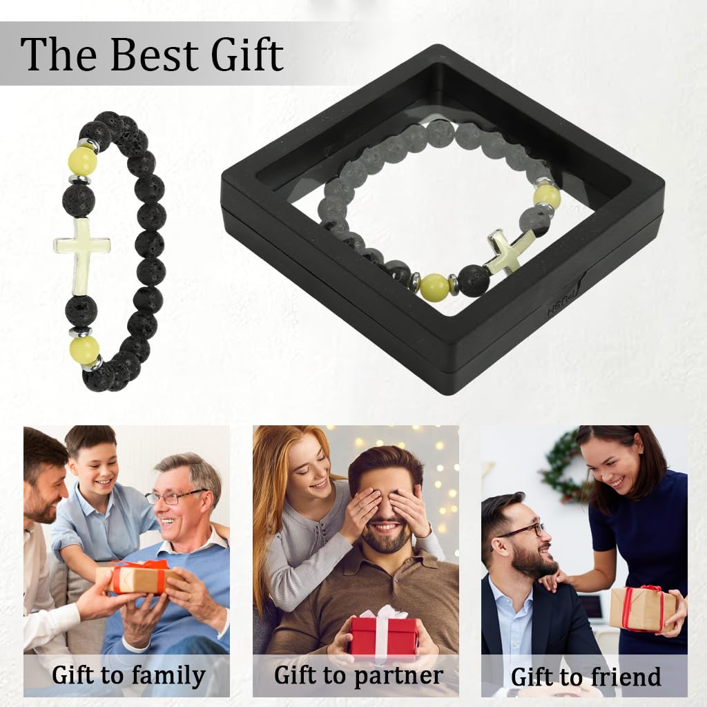 PROBEROS Bracelet for Man with Luminous Cross Beads and Natural Volcanic Stone | Unisex Stretch Design