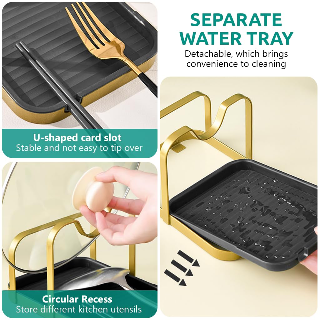 HASTHIP Spoon Rest Pot Lid Holder for Kitchen Organization with Detachable Drain Tray 20x13.8x11.5cm featuring Metal Dual Golden Black Design