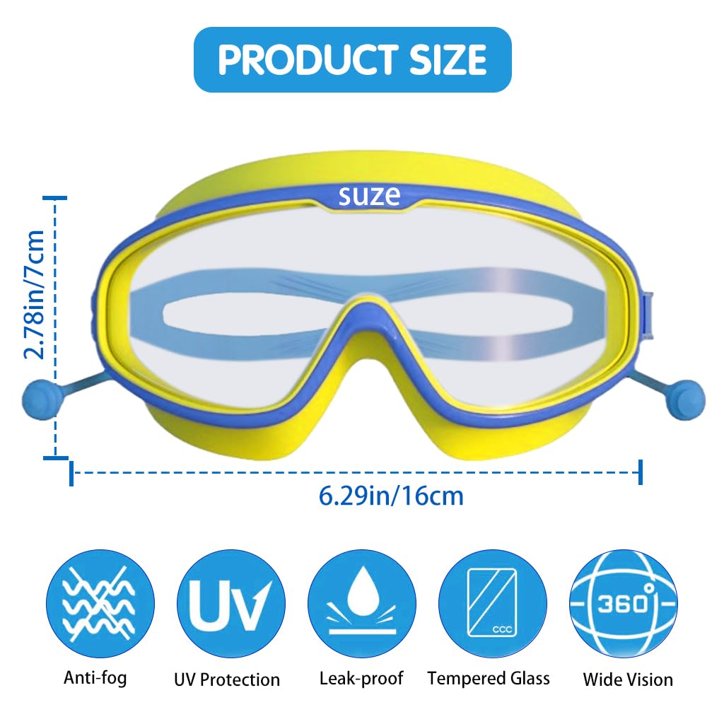 Proberos® Kids Leakproof Anti-Fog Yellow Swimming Goggles With Integrated Ear Plugs - UV Protection Comfortable Fit Adjustable Strap for Boys & Girls Aged 3-16 - HD Clear Vision Swim Eyewear