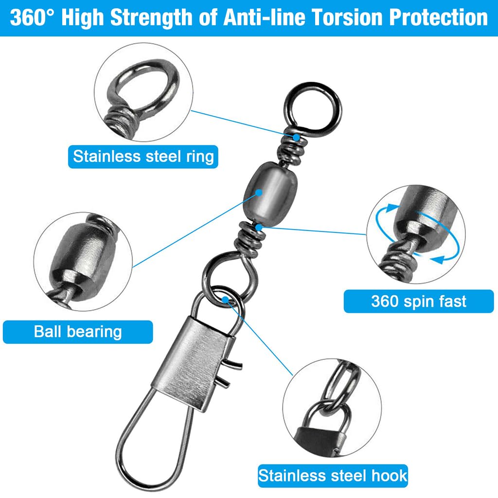 Proberos Fishing Rolling Ball Bearing Barrel Swivel with Safety Snap Connector 100PCS Set | Corrosion Resistant Accessories in 5 Sizes