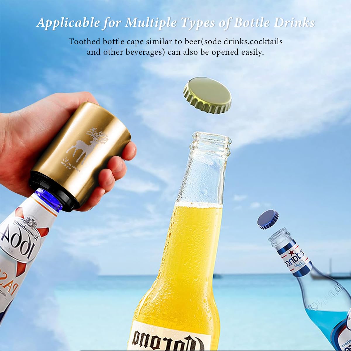 Supvox Automatic Bottle Opener for Beer and Soda featuring Push Down Mechanism and Gold Stainless Steel Design