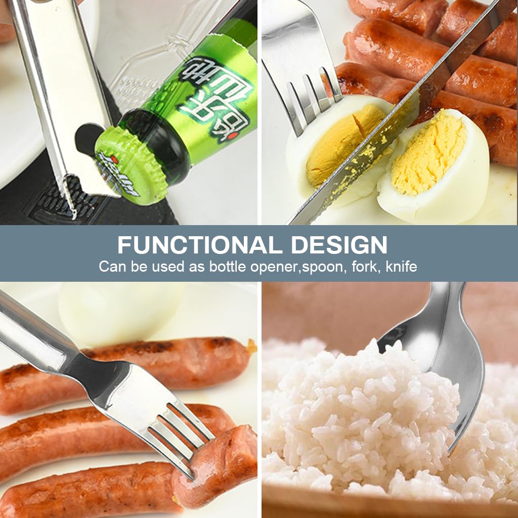 Supvox Portable Flatware Set for Camping and Travel featuring 4 in 1 Spoon Fork Bottle Opener