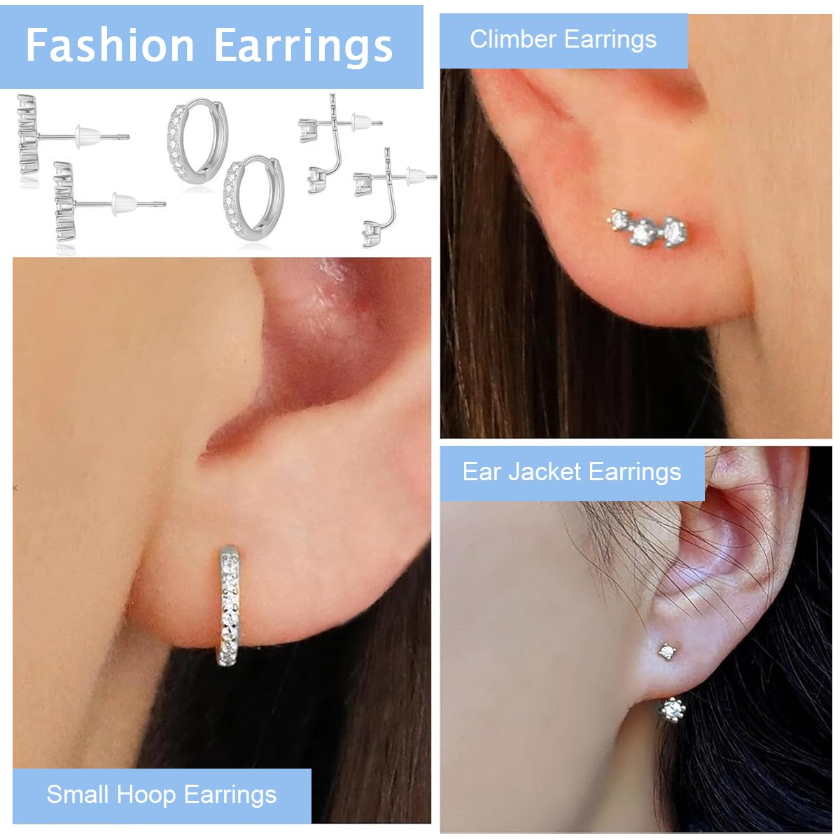SANNIDHI Ear Studs Set with 3 Pairs Zircon Silver Earrings for Women | Hypoallergenic Gift