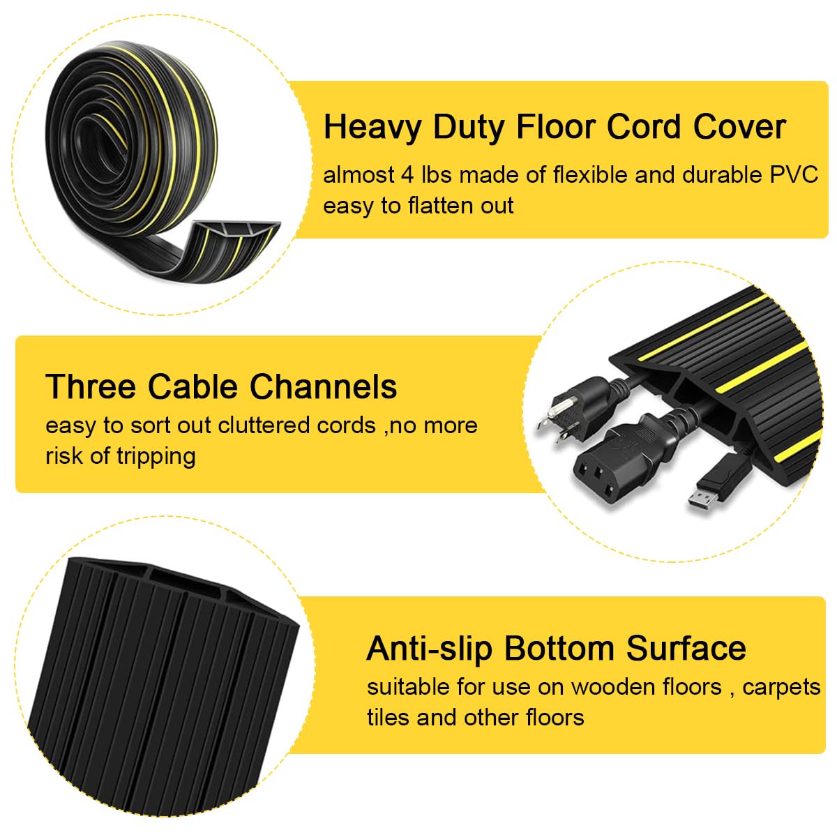 HASTHIP Floor Cord Cover Protector for Home and Office with 6.56ft Cuttable PVC 3 Channels | Waterproof and Easy Installation