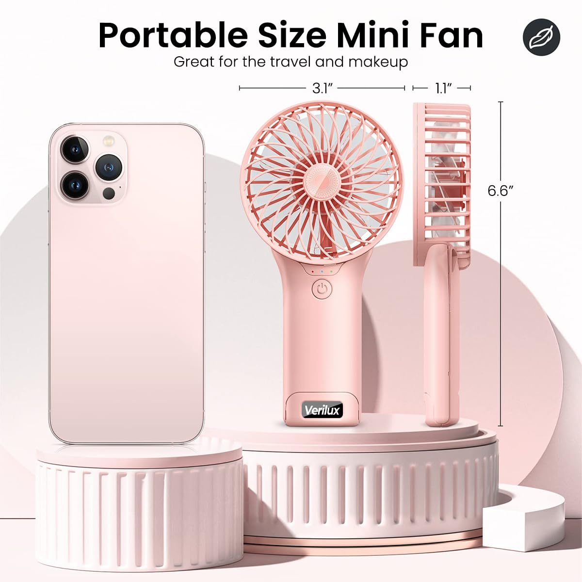 Verilux® Hand Fan Mini Portable Fan with Mirror, 4-Speed USB Fan with Foldable Stand Base, Lasting Max 20Hrs Working Time, Rechargeable Fan for Girls Women Traveling Outdoor (Pink)