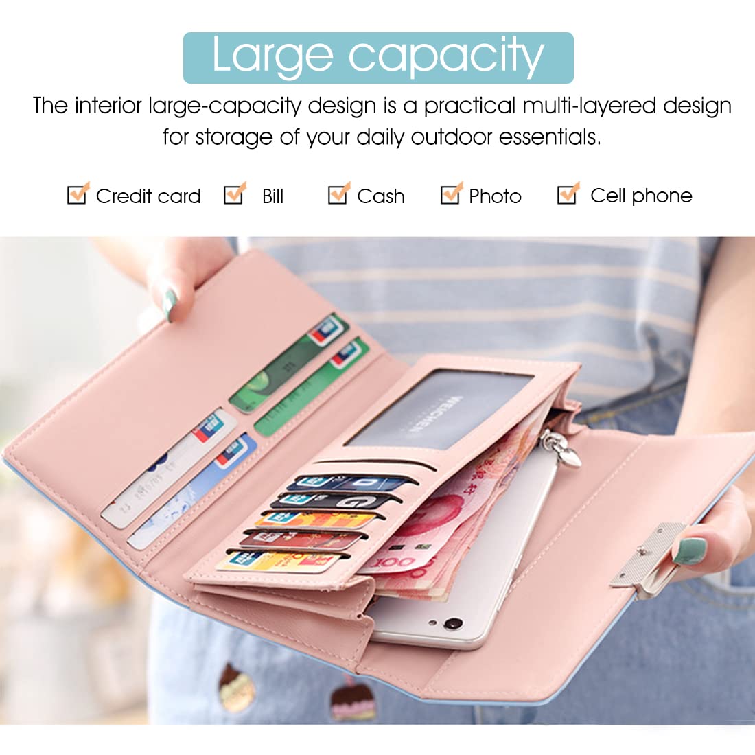 PALAY Wallet for Girls featuring Snap Button Trifold Design with 10 Card Slots | Blue PU Leather 7.5 x 3.9 x 1.2 in