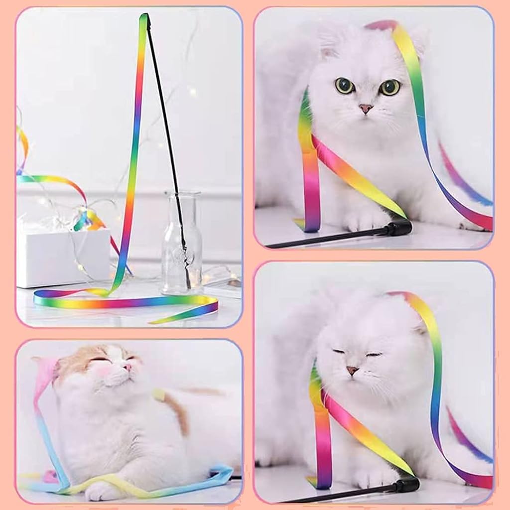 Qpets® Cat Rainbow Wand Toys Interactive Cat Toy Colorful Ribbon Charmer for Kittens Cat Games and Toys Cat Playing Toys for Cat Pet- 2 PCS