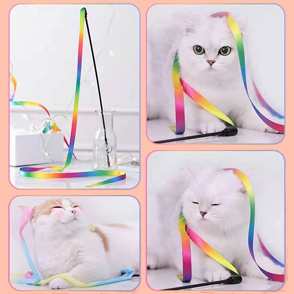 Qpets Cat Rainbow Wand Toys for Interactive Play with Colorful Satin Ribbon | 4PCS Set