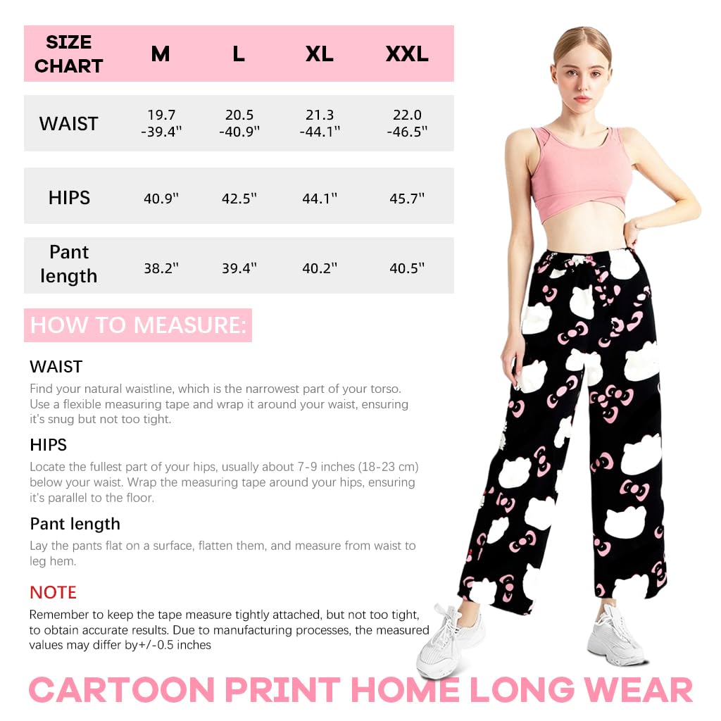 SANNIDHI Pyjama Pants for Women featuring Kawaii Cat Print with Elastic Waist 2XL Black | Soft Polyester Lounge Bottoms