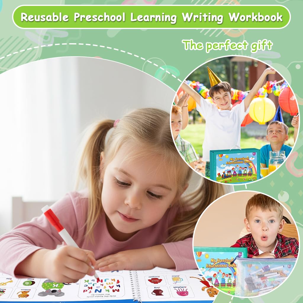 PATPAT Toddler Alphabet Tracing Book for Preschool Handwriting Practice with 8-Color Markers & Sponge Erase | Reusable Early Learning Workbook