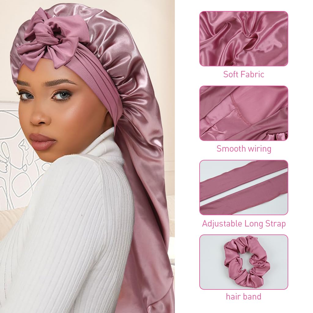 MAYCREATE® Silk Bonnet for Hair Satin Bonnet for Sleeping Satin Hair Bonnet with Adjustable Tie Band Silk Hair Cap for Sleeping Hair Care Hair Bonnet for Long and Thick Hair - Pink