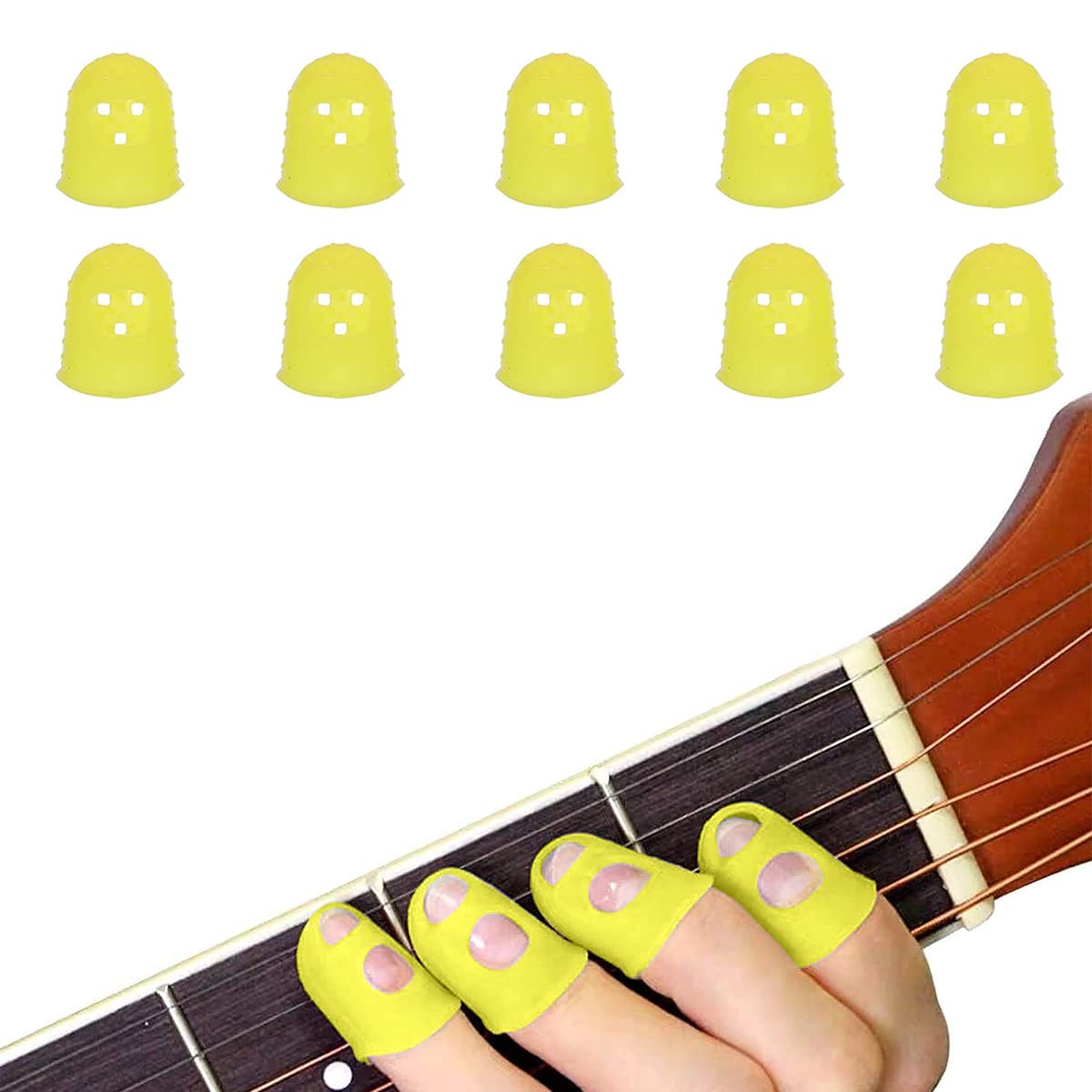 PATPAT® 10Pcs Guitar Finger Protector, 20mm Silicone Guitar Fingertips Guards, Anti Slip Fingertip Protectors, Finger Picks Protector Plectrum Anti-Scalding for Guitar Playing Men Women Yellow