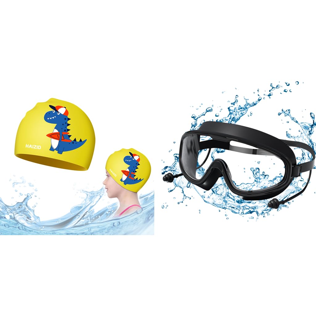 Proberos Kids Silicone Swim Cap for Training with 18cm Opening and Anti-Fog Goggles | Cartoon Design for Boys and Girls