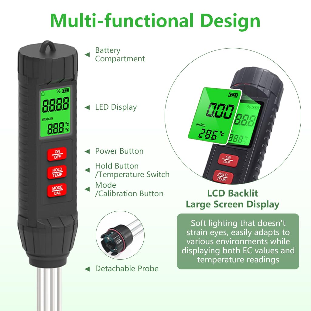 Serplex Soil Moisture Meter for Garden and Farm with 0.01–10.00 mS/cm Probe | 3 in 1 EC and Temperature Tester