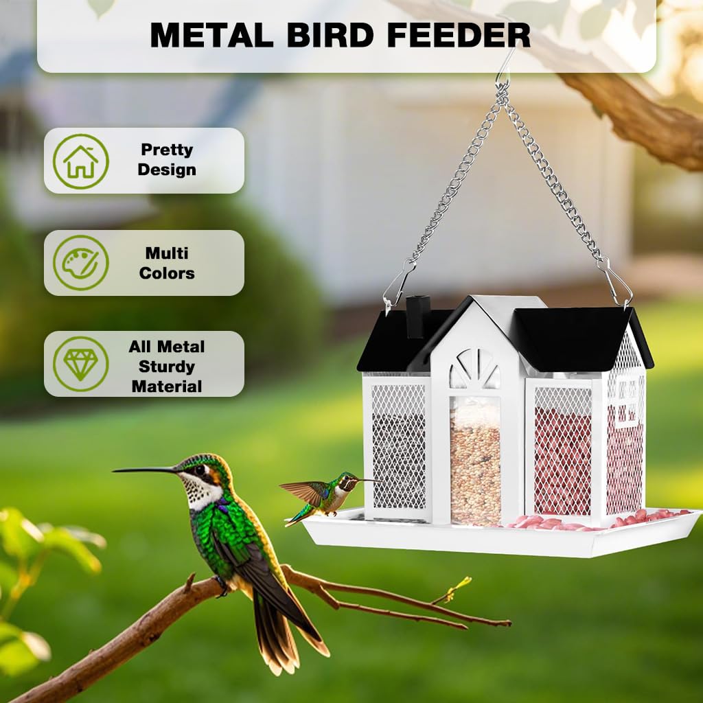 ZIBUYU Hanging Bird Feeder for Tree with 3 Compartment Metal Hut Design and Roof | Decorative Outdoor Feeder for Gardens and Patios
