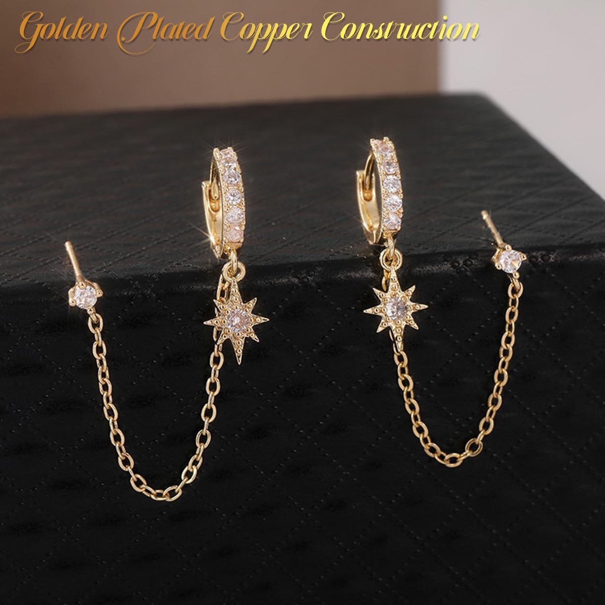 SANNIDHI Earrings for Women featuring 8-Pointed Star Pendants and Dangle Chain Design | Gold Plated Copper Stud Hoop Style