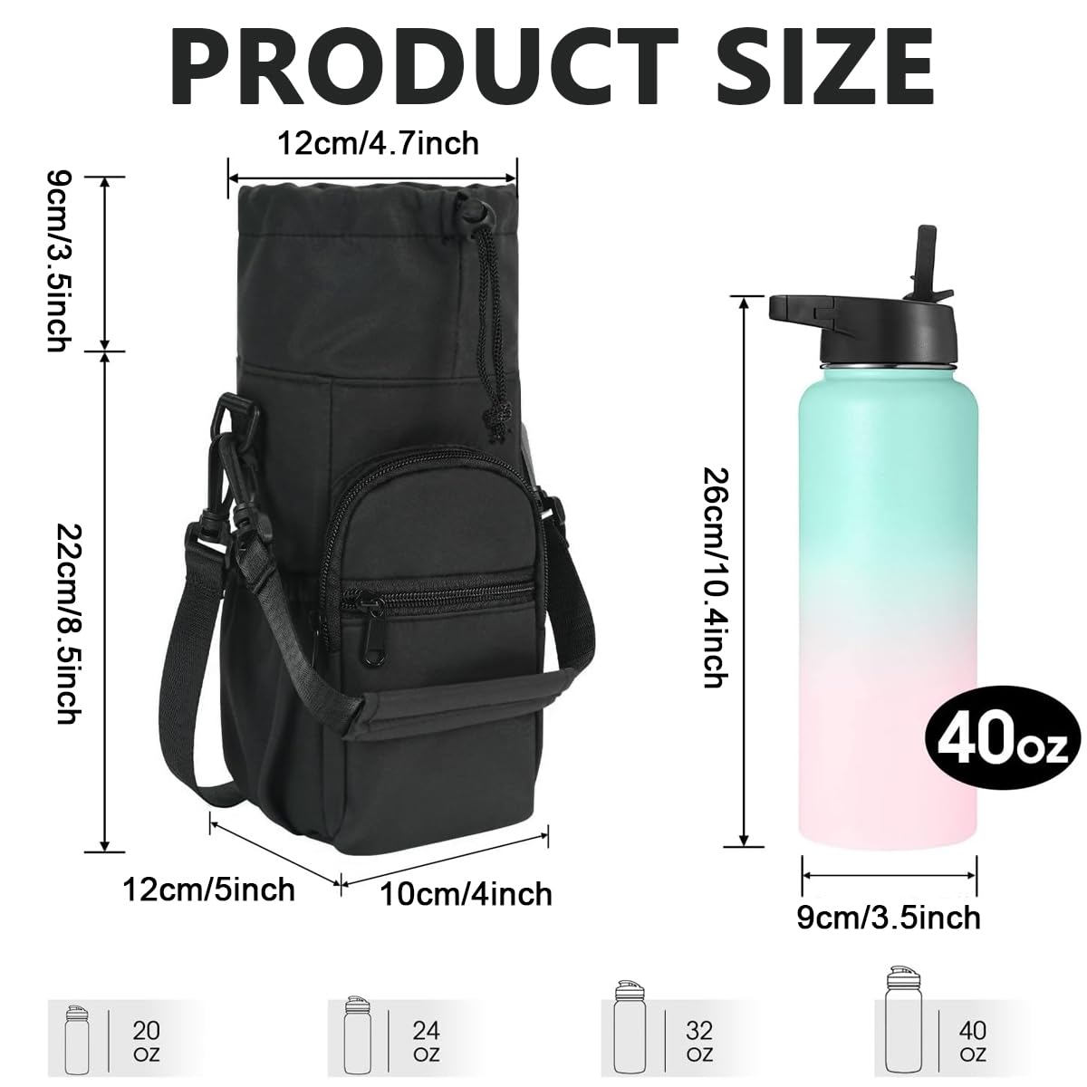 GUSTAVE® Cross Body Sling Bag to Carry Water Bottles, Water Bottle Bag with Strap for 40oz Multi Functional Storage Bag with Phone Pocket Water Bottle Sleeve for Walking Hiking (Black)